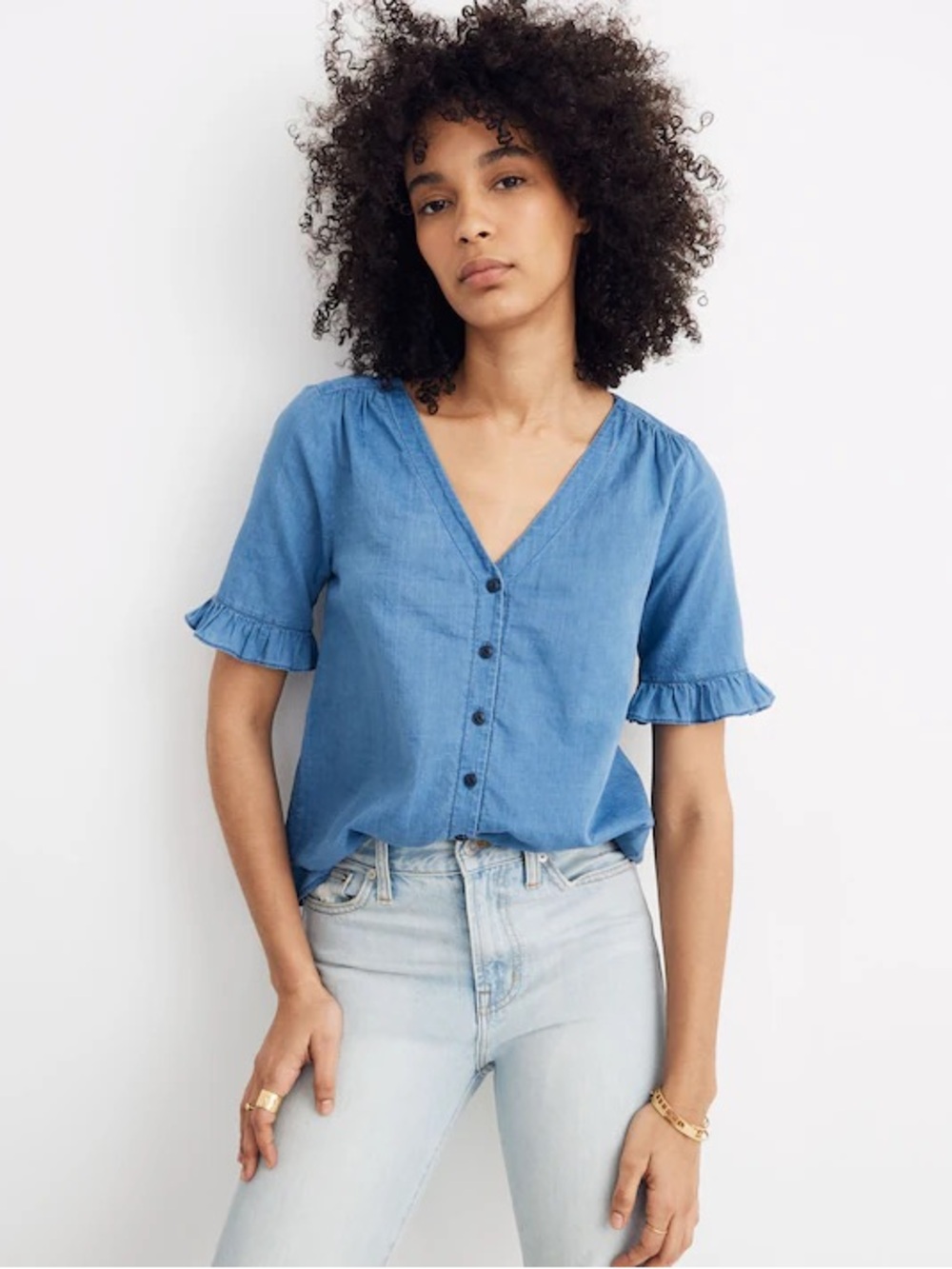 Madewell Village Ruffle-Sleeve Shirt in Indigo - denim chambray button down